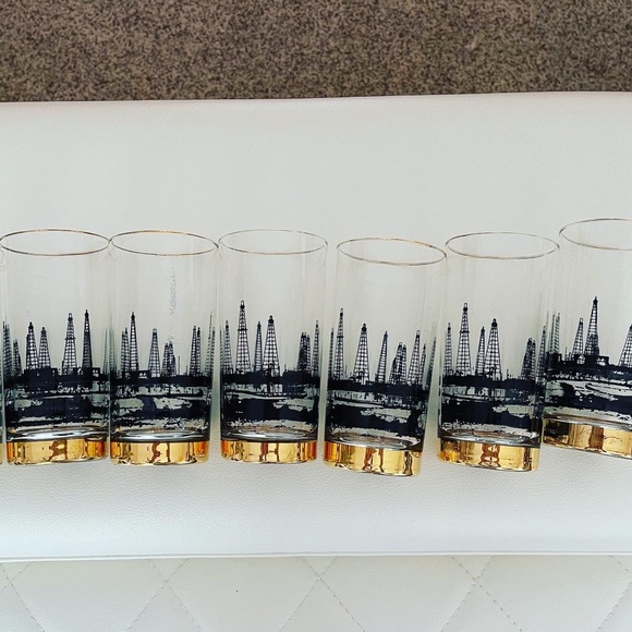 Set of 6 vintage Culver Oil Derrick high ball glasses with 22k gold band